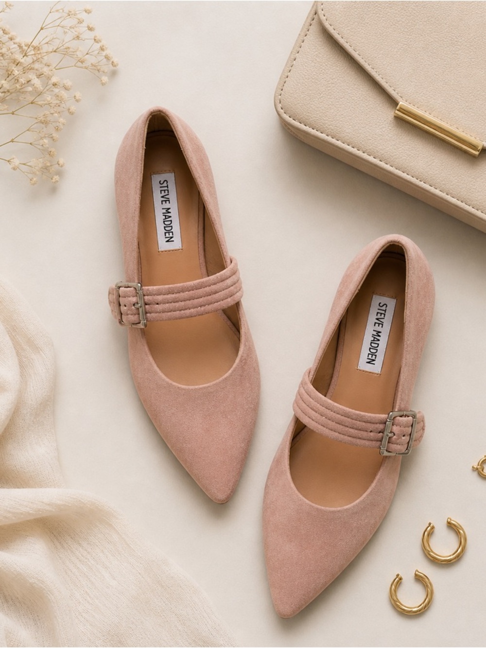 Steve Madden Blush Suede Leather Mary Jane Flats Buckle Pointed Toe